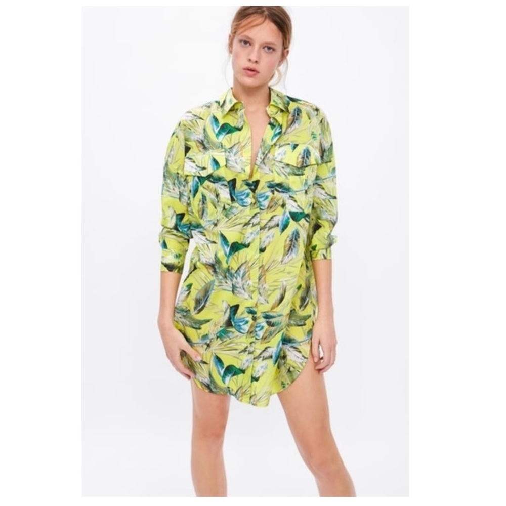 Zara Tropical Botanical Print Lightweight Button Down Mini Dress Tunic XS/S